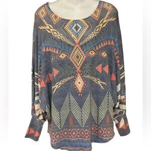 Vocal Womens Medium Highly Embellished Dolman Sleeve Aztec print Top in Blue